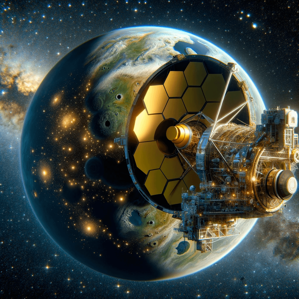 The accord of good science. DALLE-3 with prompt: "Imagine an exoplanet, which the Webb Telescope is intently studying, where exists expolanetary life." Image depicts James Webb Deep Space Telescope with golden mirrors imagining an alien planet with green swirling atmosphere, some craters and continents, some snow and storms, and several glowing megacities across the night side.