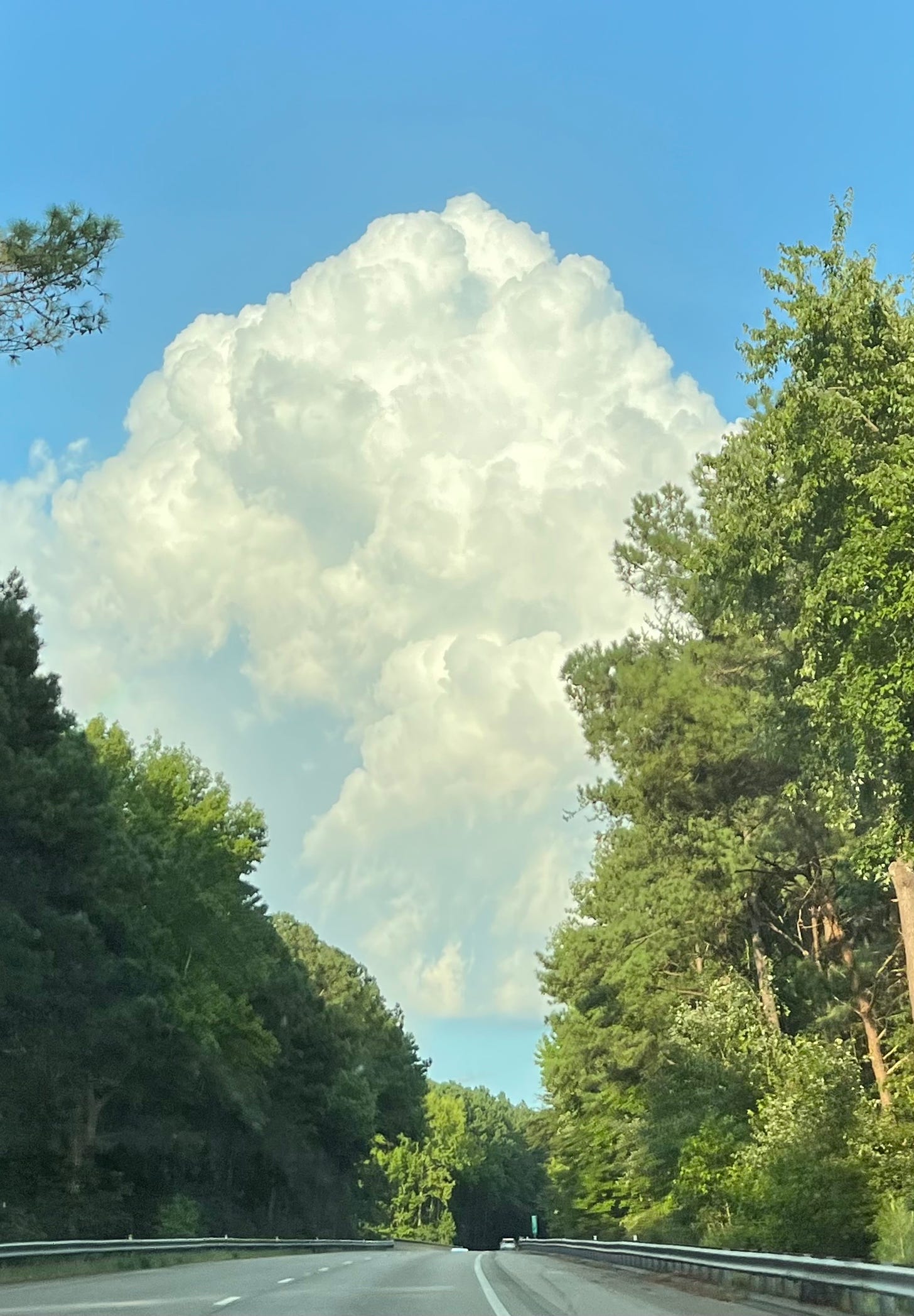 a gigantic cloud like a puffy mountain rises up over the highway, held by tall green trees against a blue sky. a tunnel opens into blackness beneath it.