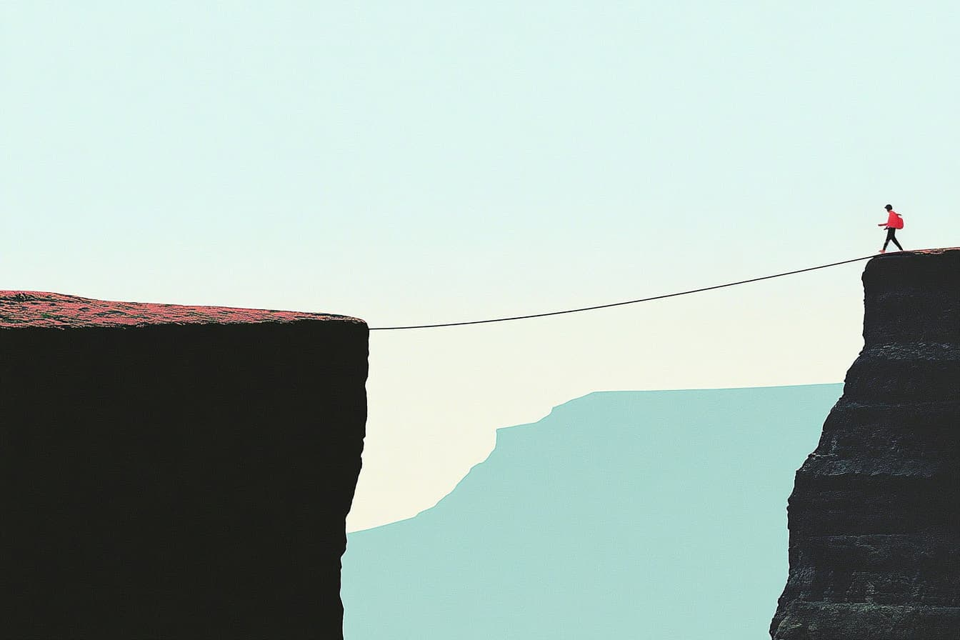 A person about to walk a tightrope between two mountains