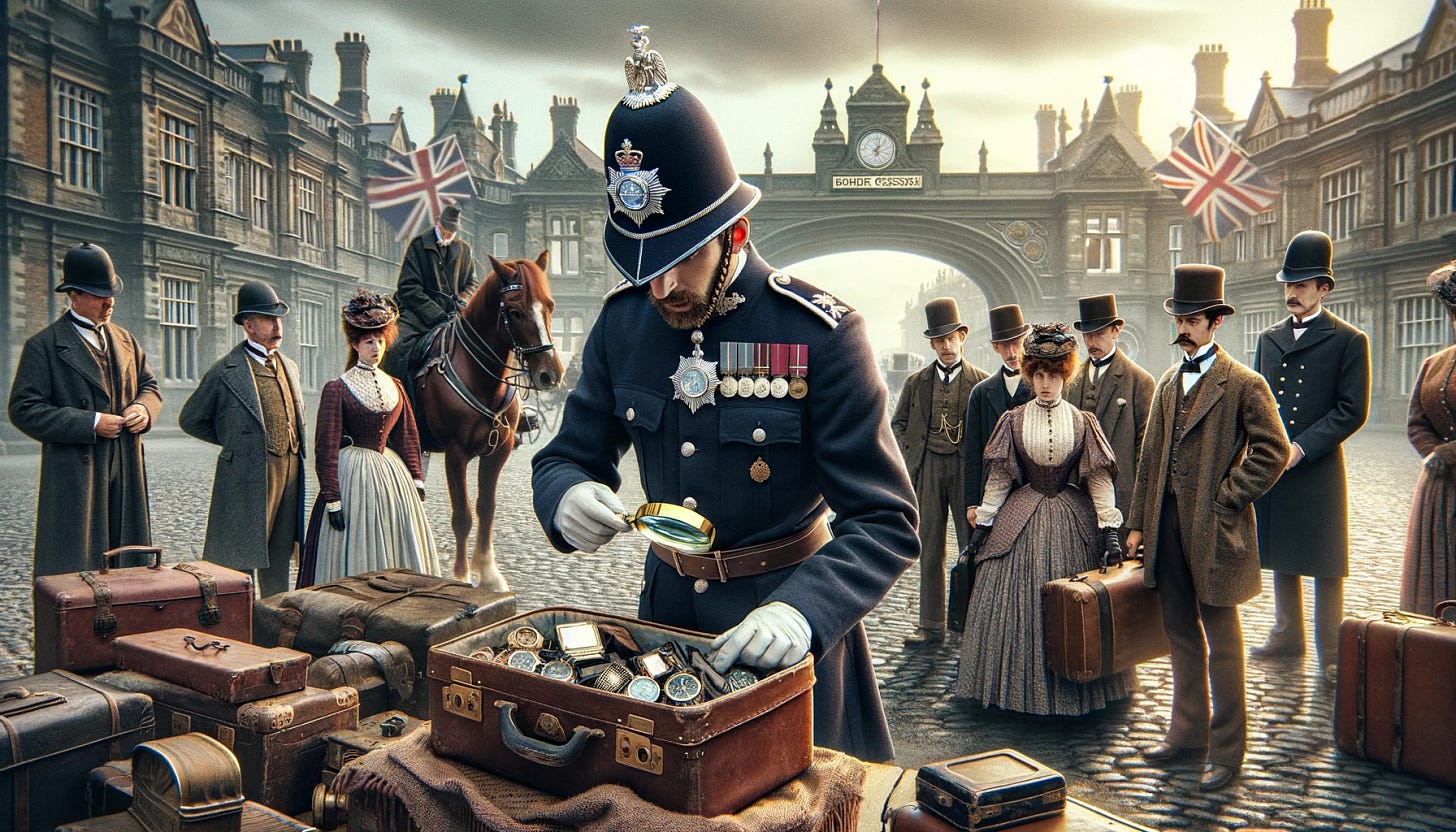 DALL·E 2024-03-18 10.47.14 - In this historically detailed scene, set at a Victorian-era border crossing, a policeman is in.webp
