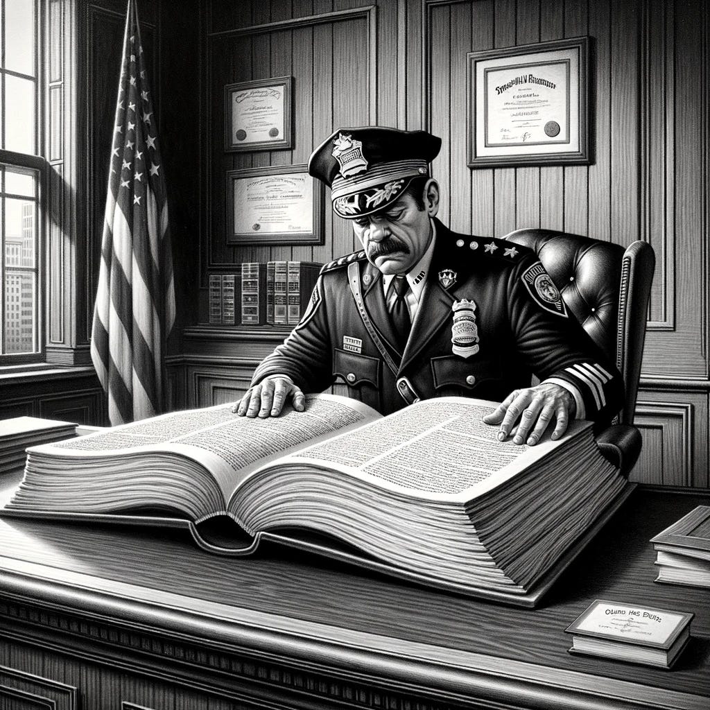 A black and white drawing of a police chief in an office, engrossed in reading a huge book. The chief, wearing a uniform with distinctive insignia indicating rank, is seated at a large, classic wooden desk. The book is comically oversized, open on the desk, dominating the scene. The office is detailed, with elements like a flag, framed certificates on the wall, and perhaps a window showing a cityscape. The chief's expression is one of deep concentration and curiosity, highlighting a love for knowledge. The overall atmosphere is one of authority blended with intellectual pursuit.