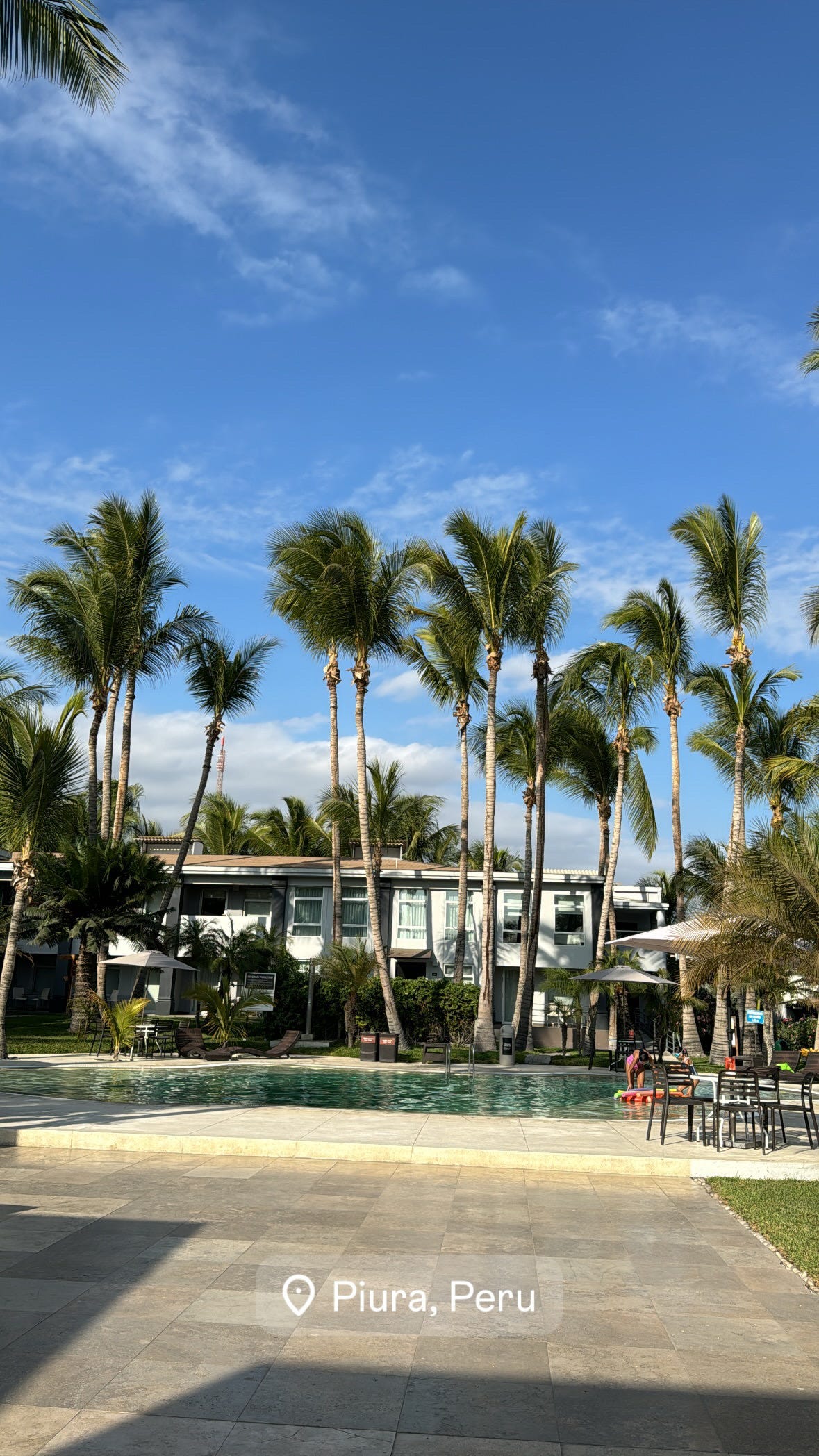 Pool of Casa Andina Piura hotel, palm trees swaying in the background