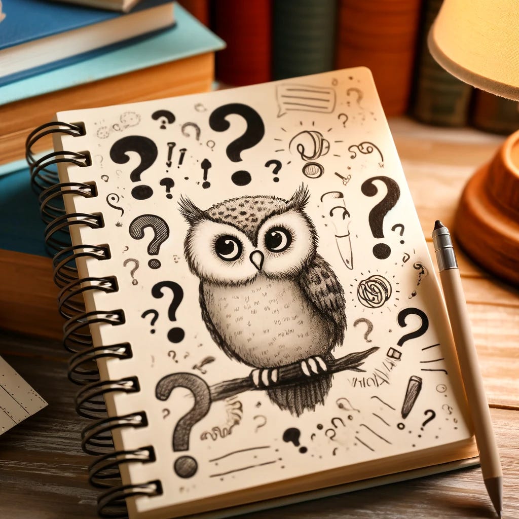 A whimsical notebook with an owl sitting on it, surrounded by question marks and exclamation marks, symbolizing curiosity and surprise. The notebook is open, showing scribbles and notes, in a cozy study environment with books and a lamp, creating an inviting and thoughtful atmosphere.