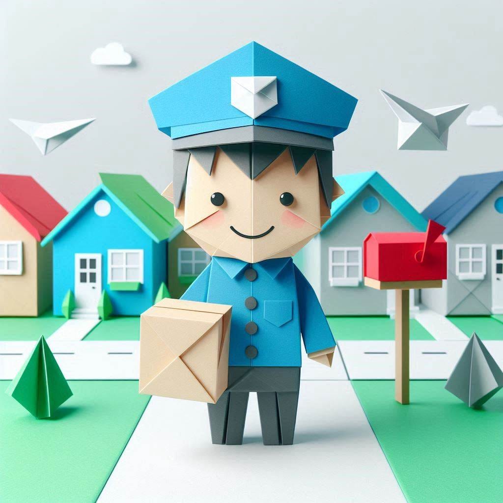 a smiling happy origami mailman delivering mail in an origami neighborhood