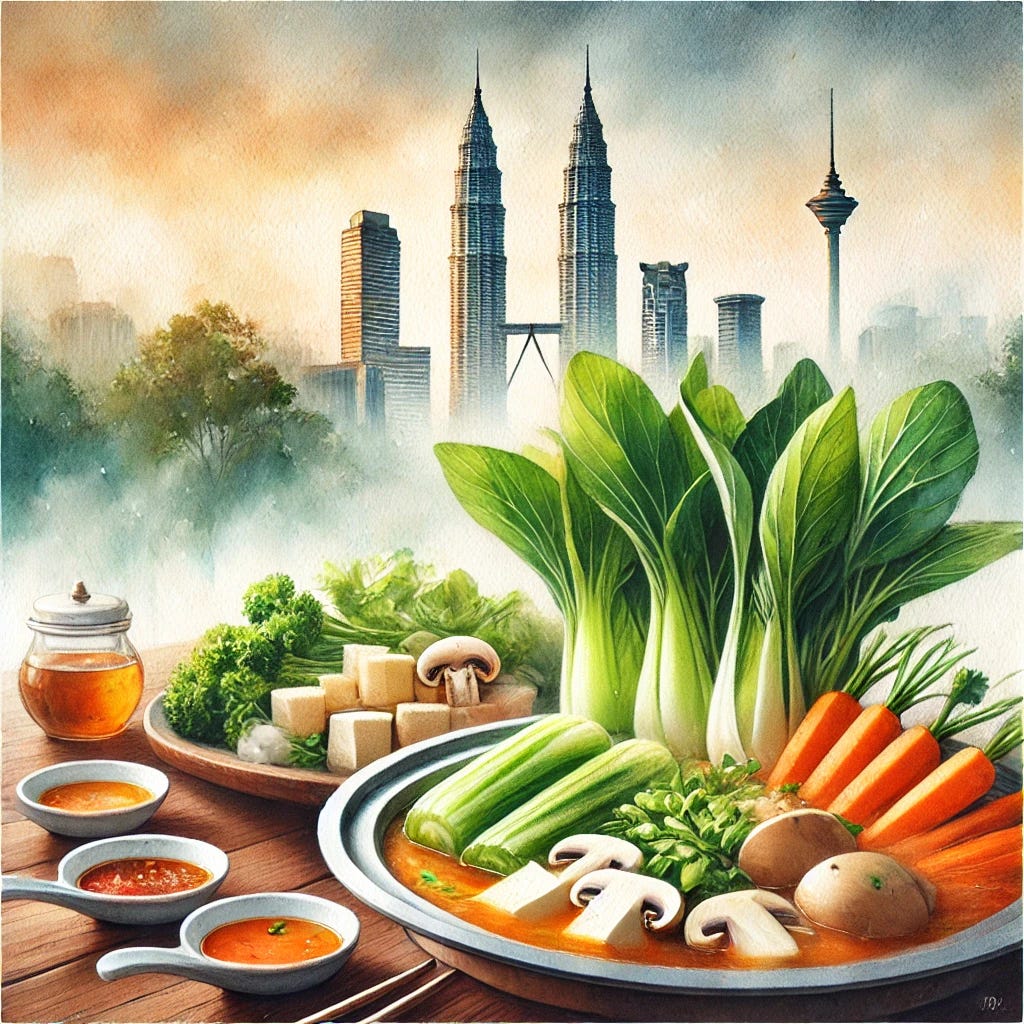 A beautiful watercolor painting of a vegetarian hotpot on a table, featuring vibrant vegetables like bok choy, mushrooms, carrots, and tofu in a steaming broth, surrounded by small bowls of dipping sauces. In the background, a soft depiction of the iconic Petronas Towers is visible, blending seamlessly with the artistic style. The overall mood is warm, inviting, and rich with Malaysian cultural elements.