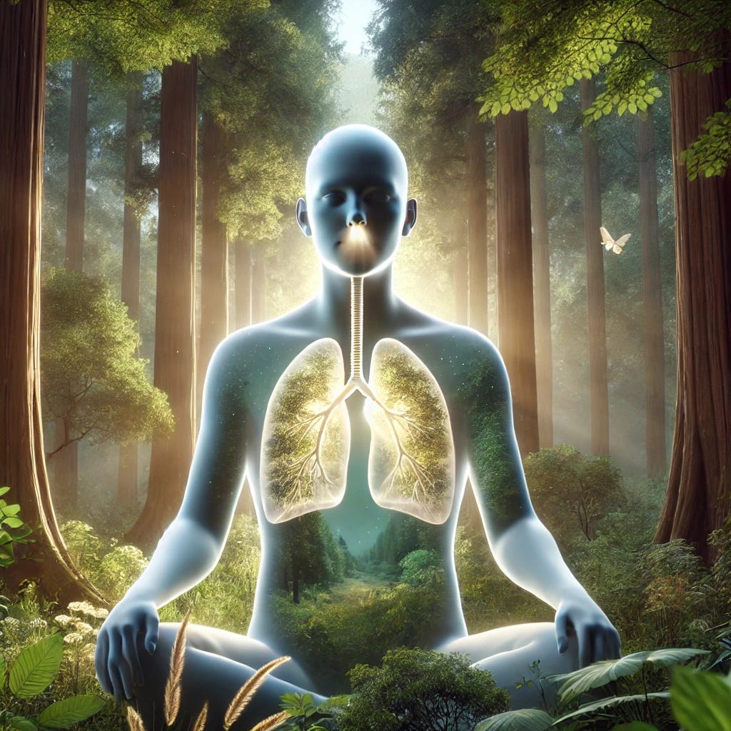 A serene scene emphasizing the act of breathing, focusing on the lungs, breath, and nose. The setting features a peaceful forest with tall trees and soft sunlight filtering through the leaves. In the center, a person is depicted with an ethereal glow around their chest, highlighting the lungs. The person's nose is slightly emphasized to show the breath entering and exiting, visualized as a gentle, glowing mist. The atmosphere is calm and tranquil, with elements of nature surrounding the person, symbolizing the purity and vitality of mindful breathing.