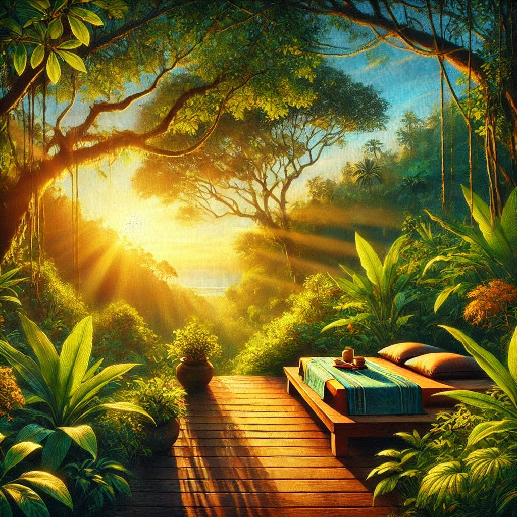 A serene, vibrant oil-painting-style depiction of a Balinese jungle landscape at sunrise. A wooden meditation platform is nestled among lush green tropical plants, with sunlight filtering through the dense foliage, casting dappled light patterns. The platform is set with a few cushions and a small table holding a cup of tea and an open book. In the background, there is a distant view of the ocean framed by the jungle's greenery. The scene is peaceful and tranquil, with warm golden hues of sunlight blending into the deep greens of the foliage and soft blues of the sky and ocean.