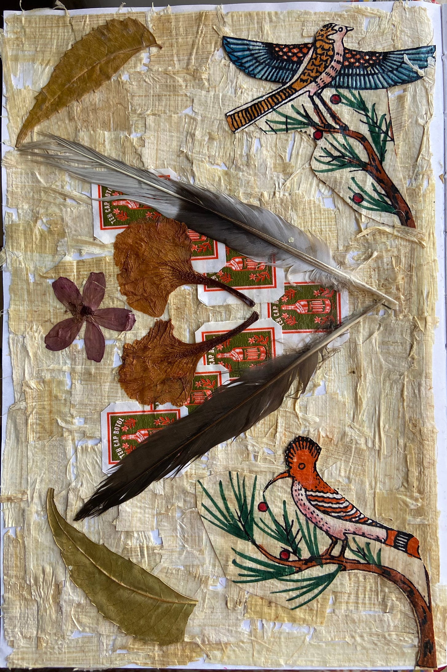 Photo of a collage on a journal. The background is filled with torn pieces of beige papyrus. On the top and bottom right corners are images of birds from papyrus, in the middle is a set of olive and orange colored paper teabag labels arranged in a horizontal v-shape and a pair of feathers bordering them. in the middle of the v-shape are three dried flowers, two orange petals and one small pink flower in the center of the v. The top and bottom right corners each have dried neem leaves Photo of a collage on a journal. The background is filled with torn pieces of beige papyrus. On the top and bottom right corners are images of birds from papyrus, in the middle is a set of olive and orange colored paper teabag labels arranged in a horizontal v-shape and a pair of feathers bordering them. in the middle of the v-shape are three dried flowers, two orange petals and one small pink flower in the center of the v. The top and bottom right corners each have dried neem leaves