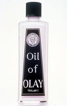 Original 1952 bottle of Oil of Olay. The alternative name Ulay is included in brackets.