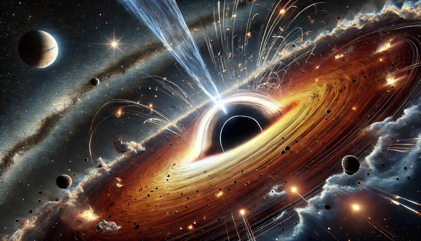 A dramatic visualization of the formation of a black hole. Depict the moment a massive star collapses inward after a supernova, creating a dense singularity. Show swirling accretion disks of glowing gas and dust spiraling towards the black hole, drawn by its immense gravitational pull. Include jets of energetic particles shooting out from the poles, piercing through space. Surround the scene with remnants of the exploding star, shockwaves, and glowing plasma trails. In the background, feature a dark void with a subtle gravitational lensing effect, bending light from distant stars and galaxies.