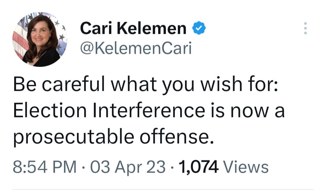 May be a Twitter screenshot of 1 person and text that says 'Cari Kelemen @KelemenCari Be careful what you wish for: Election Interference is now a prosecutable offense. 8:54 PM 03 Apr 23 1,074 Views'