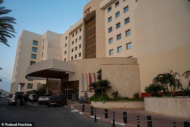 The Leonardo Plaza where Kisufim Kibbutz residents have come for refuge. Last night dozens were sat in the lobby and coffee shop, some carrying photos of loved ones killed or kidnapped