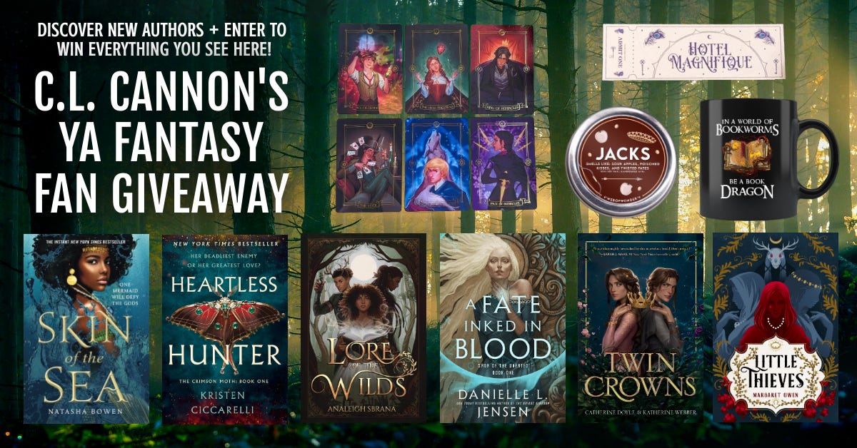 Text reads: C.L. Cannon's YA Fantasy Fan Giveaway with a background of book covers and merch