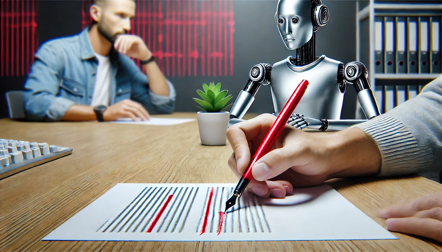 An editor marks up a paper with a red pen as a human and a robot observe, symbolizing collaborative editing.