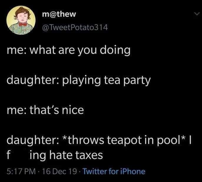 May be an image of text that says 'm@thew @TweetPotato314 me: what are you doing daughter: playing tea party me: that's nice daughter: *throws teapot in pool' f ing hate taxes witter for iPhone'