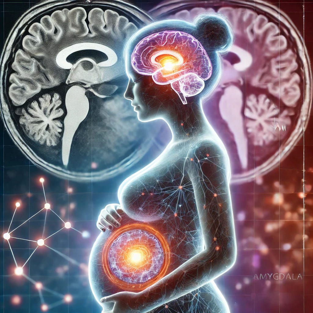 A scientific visualization showing heightened brain activity, focusing on the amygdala region, in a pregnant woman. The amygdala is highlighted with glowing neural pathways, emphasizing the connection to emotional regulation and postpartum depression. The background features a blend of medical and technological elements, with MRI scan imagery and soft, calming colors to convey both the medical and emotional aspects of the study. A subtle representation of pregnancy is included, like an outline of a pregnant silhouette.