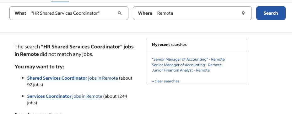 A search for a HR Shared Services Coordinator remote job on Indeed, which returned no results
