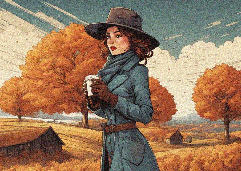 Cartoon style image of a woman dressed in coat hat and gloves drinking coffee standing in an autumnal countryside scene