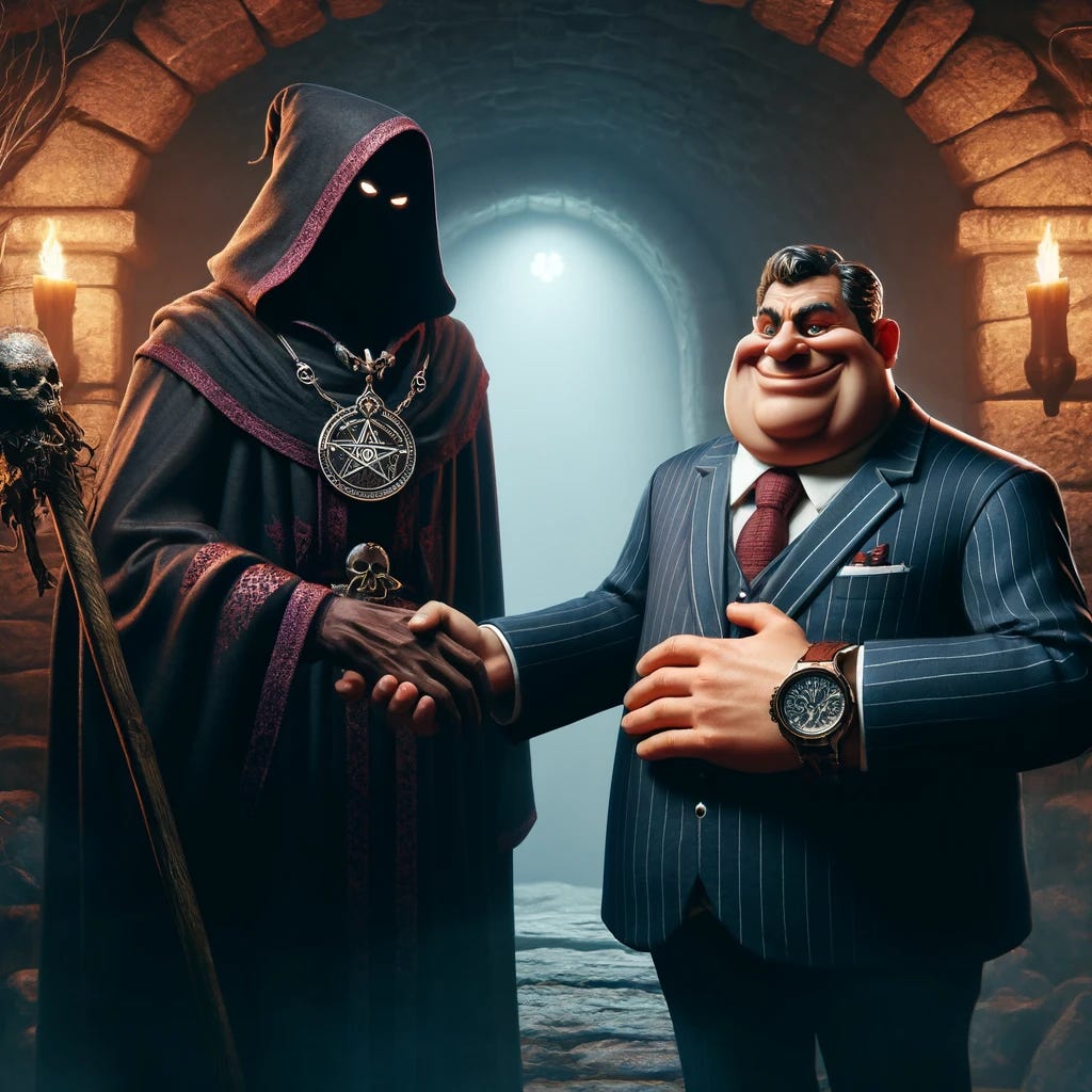 A fantasy scene depicting a sinister-looking dungeon master and a caricature of a corporate bigwig shaking hands. The dungeon master is clad in a dark robe with mysterious symbols, a hood shadowing his face, and holds a staff topped with a skull. The corporate bigwig is exaggerated in features, wearing a sharp suit, tie, and an oversized watch, his face showing a cunning smile. They stand in a dimly lit, stone-walled dungeon with torches casting eerie shadows around them. The atmosphere is both foreboding and ironic.