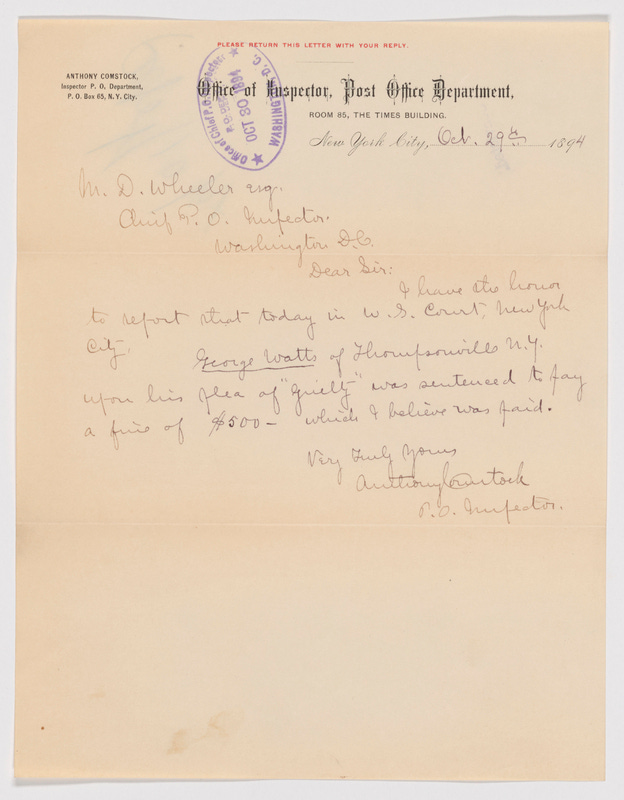 Letter from Anthony Comstock to M.D. Wheeler