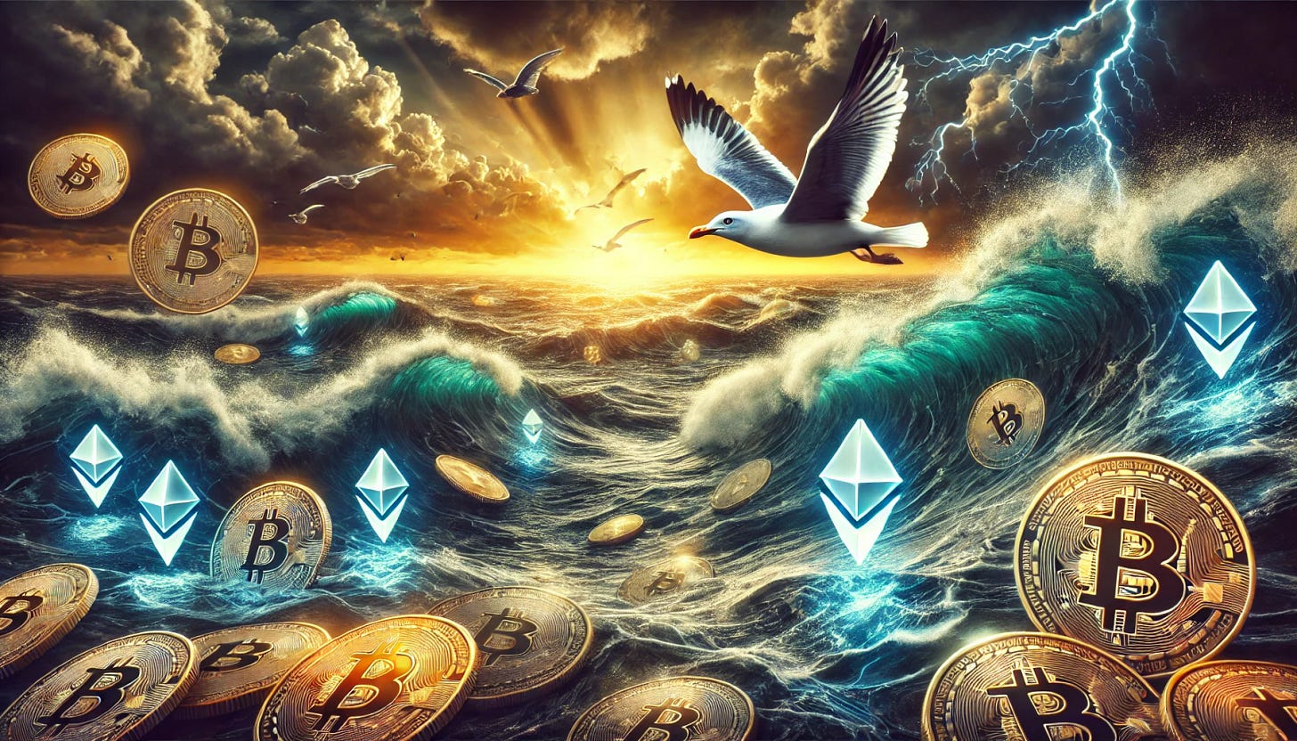 A metaphorical depiction of trading and volatility using a seagull flying over a dynamic ocean of cryptocurrency tokens. The sea is both stormy, with dramatic waves and dark clouds, and full of vibrant opportunities, with glowing Bitcoin tokens floating like treasures on the water. The seagull symbolizes a 'gull hedged equity strategy,' soaring confidently amidst the turbulence. The scene is high quality, professional, with a tone of insight and trading opportunities, blending realism with a touch of abstraction to convey the complexities of the market.