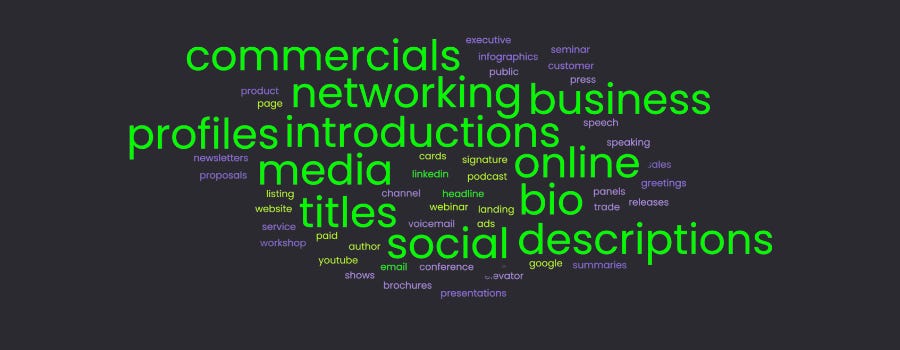 Word Cloud Infographic: Introductions, Networking, LinkedIn Headline, Email Signature, Social Media, Website, Landing Page, Google Business Listing , Commercials, Paid Ads, Online Profiles, Author Bio, Business Cards, Podcast Introductions, Webinar Titles, YouTube Channel Descriptions, Conference Panels, Public Speaking, Trade Shows, Business Meetings, Brochures, Press Releases, Elevator Speech, Voicemail, Customer Service Greetings, Infographics, Newsletters, Sales Presentations, Proposals