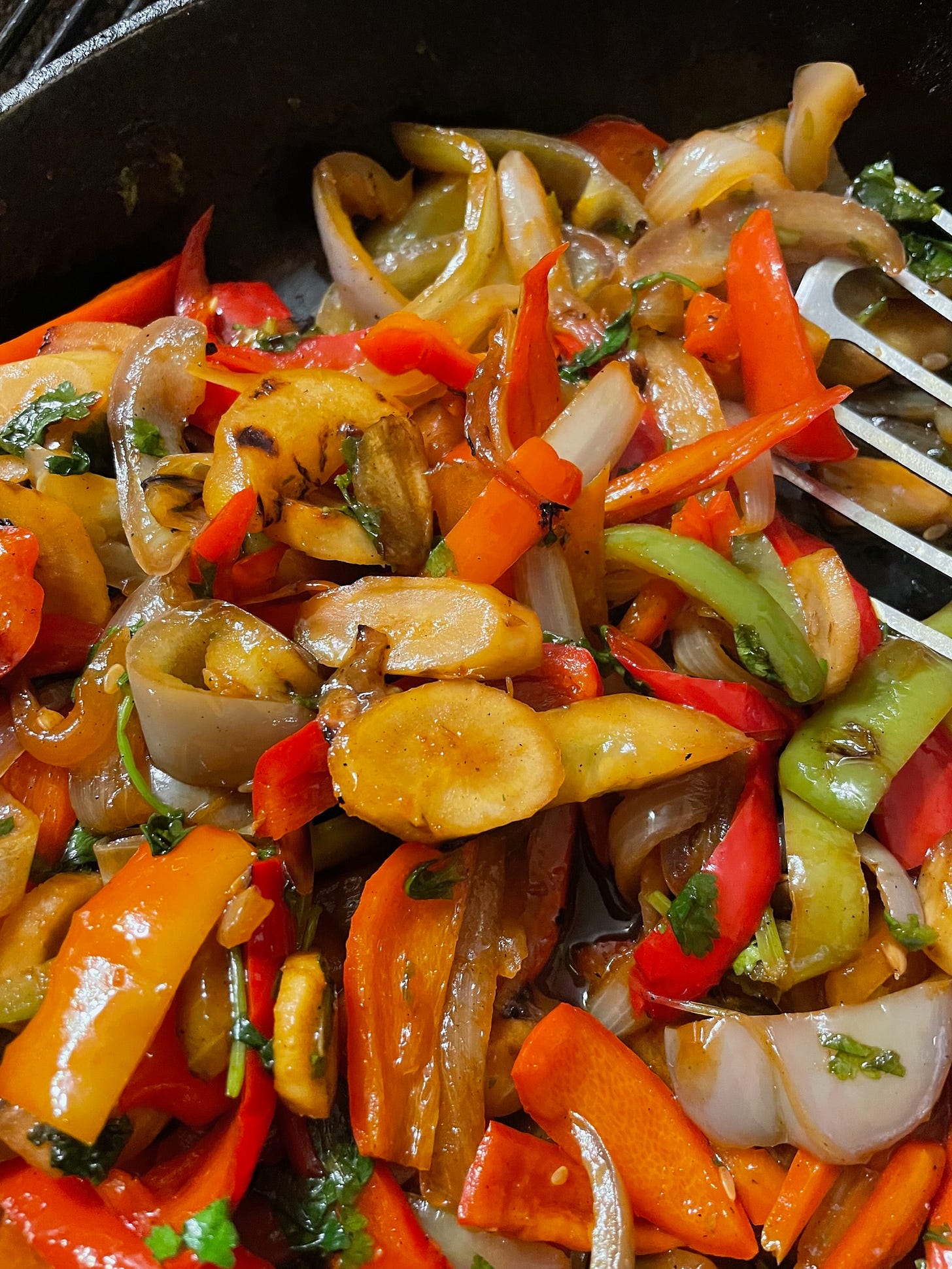burdock root, cucumbers, onions, peppers, and cilantro stir fried 