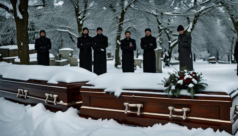 a coffin, snow covered, with mourners