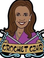 A pin including the image of Kamala Harris with the words "Crochet Czar" underneath, and featuring crochet hooks and yarn