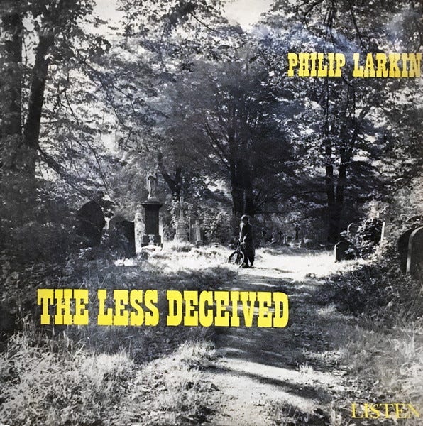 Philip Larkin, The Less Deceived, vinyl LP sleeve: black-and-white photo of the poet wheeling a bike through an overgrown graveyard