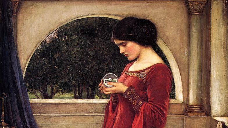 Oil painting of a woman in a red gown in front of a rounded arch looking into a crystal ball that she holds in her hands.