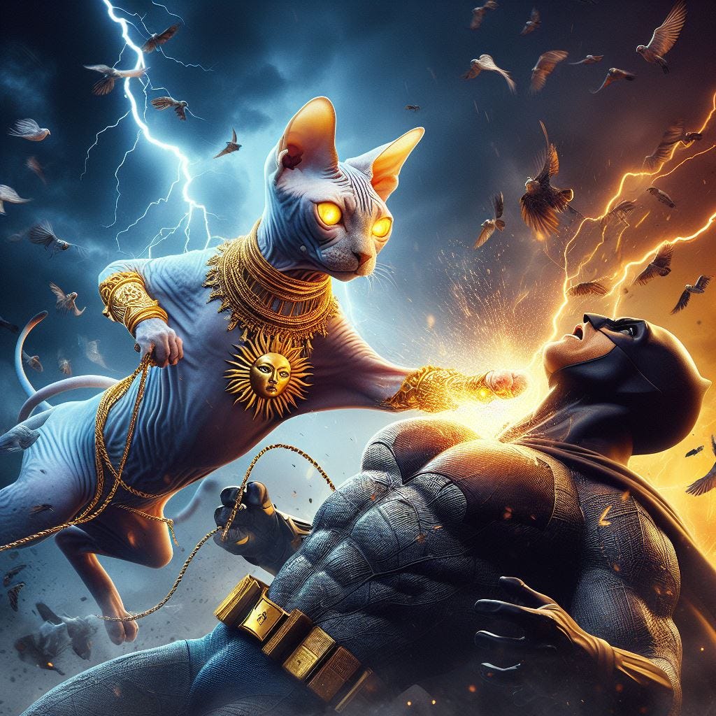 light blue hairless yellow-eyed, sphynx cat with golden collar with sun face amulet beats up a gotham crusader with lightning in the background