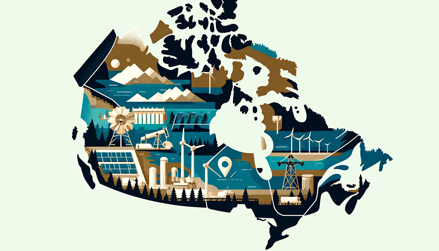 Create a landscape format image suitable for a blog post about Western Canada's energy transition. Feature a stylized map of Western Canada with minimalist icons representing hydroelectric dams in British Columbia, solar panels and oil rigs in Alberta, and mining operations in Saskatchewan. The color scheme should use earth tones mixed with blues and greens to reflect the natural landscapes and energy themes. The design should be clean and modern, avoiding any text or magazine cover features, focusing solely on conveying the energy transition narrative through visual elements.