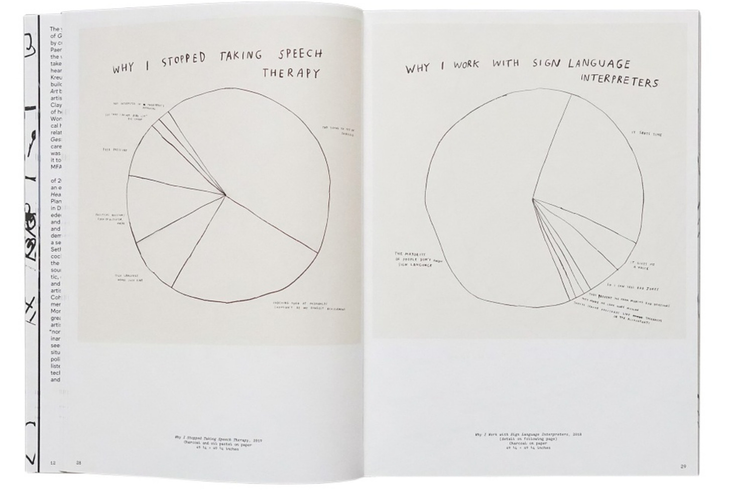 A book is opened to a page showing two hand-drawn pie charts. One says WHY I STOPPED TAKING SPEECH THERAPY and the other WHY I WORK WITH SIGN LANGUAGE INTERPRETERS. Each has many portions of the pie labeled in small writing.