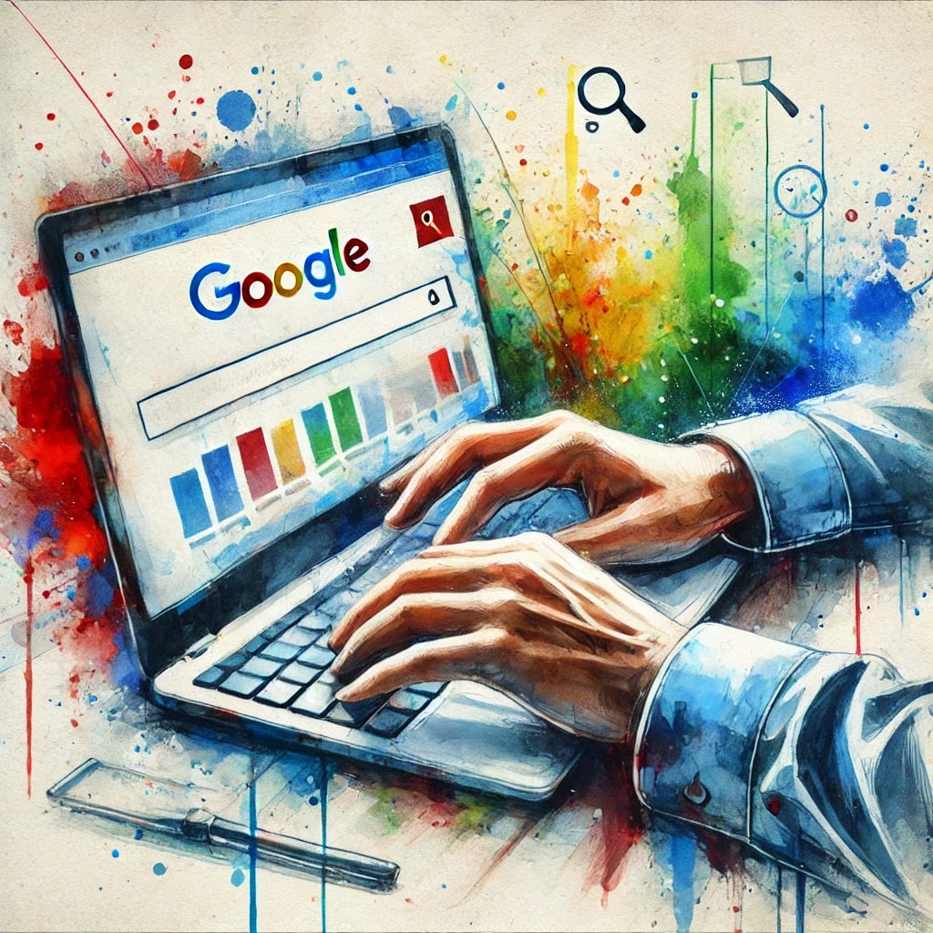 A watercolor-style illustration featuring a person seen from behind, sitting at a desk using a laptop. The focus is on their hands typing on the keyboard, with bold yet slightly softened colors (blues, greens, and reds) blending fluidly. The laptop screen displays abstract charts and search bars representing Google Ads. The background is artistic and clean, with vibrant watercolor splashes and abstract icons of digital marketing like shopping carts and magnifying glasses. The overall mood is modern, balanced, and visually striking, with the person’s figure and hands blending seamlessly into the artistic composition.