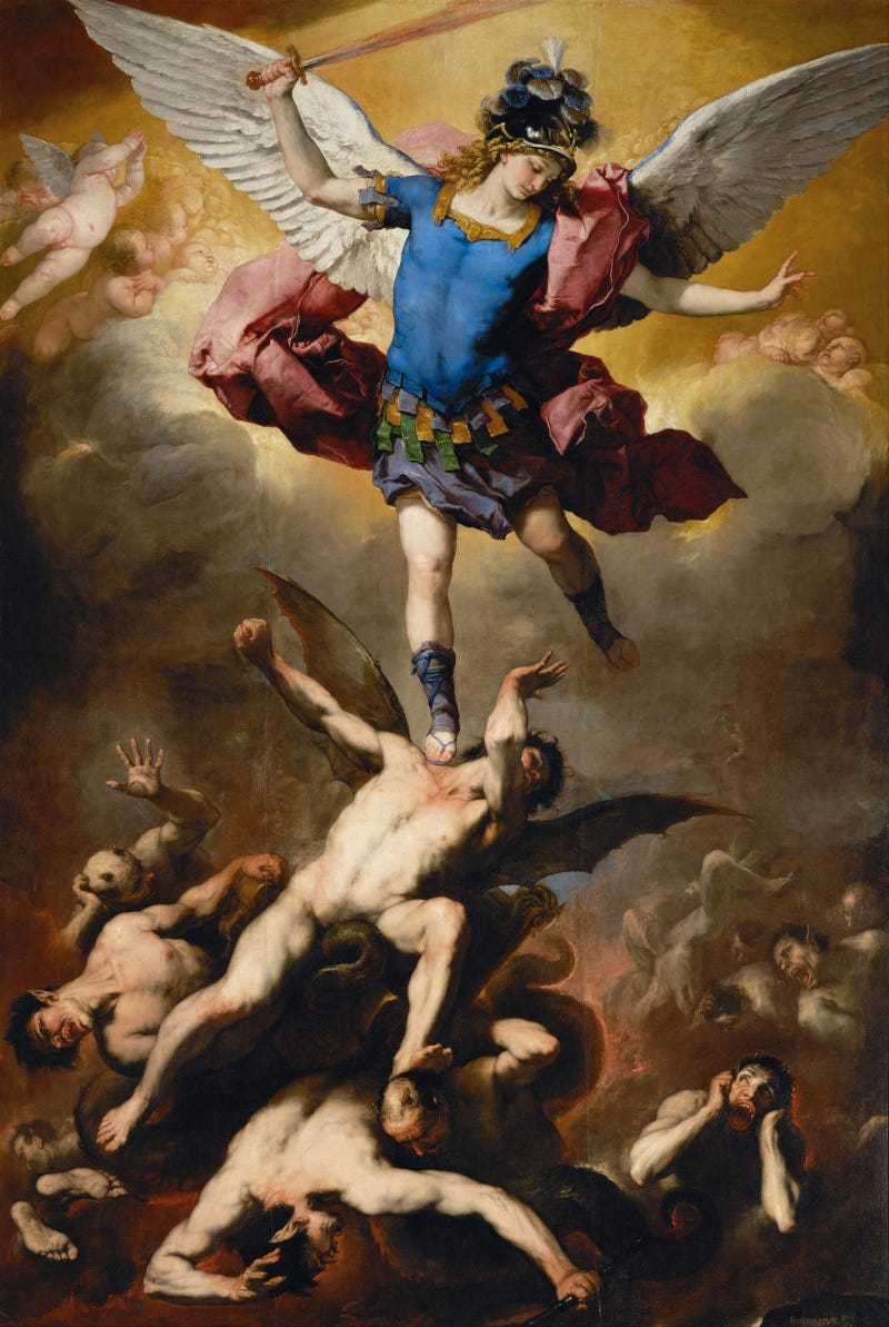 Holy Michael the archangel by the power of God thrusts Satan and evil spirits into perdition.