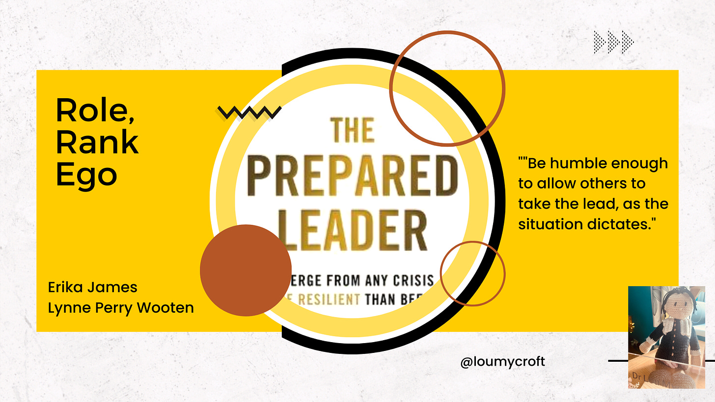 This slide advertises Erika James and Lynne Perry Wooten's book, The Prepared Leader. The quote is "be humble enough to allow others to take the lead, as the situation dictates"