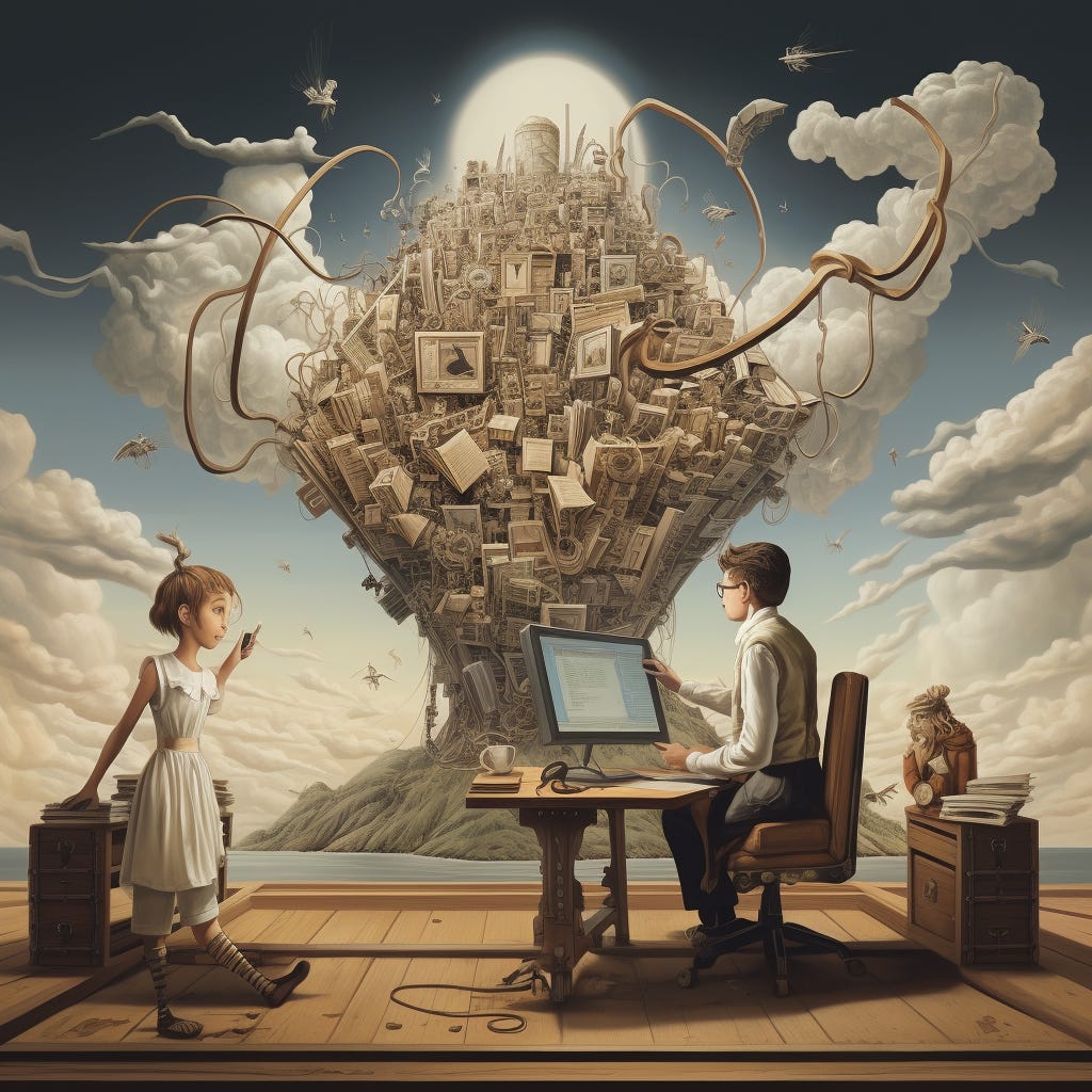 Girl in white dress looking at man sitting at a computer on a dock. In the background is a large island with many boxes erupting from it and some tentacles. It is night at the moon is out