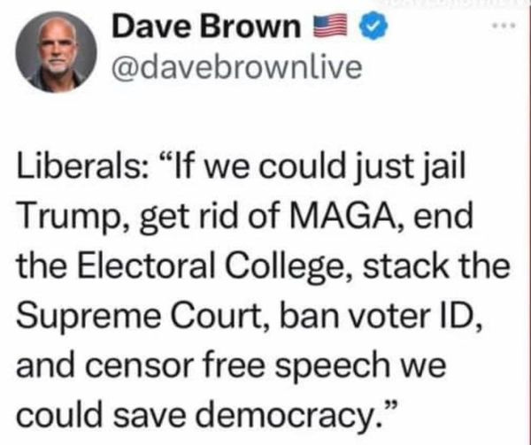 May be an image of 1 person and text that says 'Dave Brown @davebrownlive Liberals: "If we could just jail Trump, get rid of MAGA, end the Electoral College, stack the Supreme Court, ban voter ID, and censor free speech we could save democracy."'