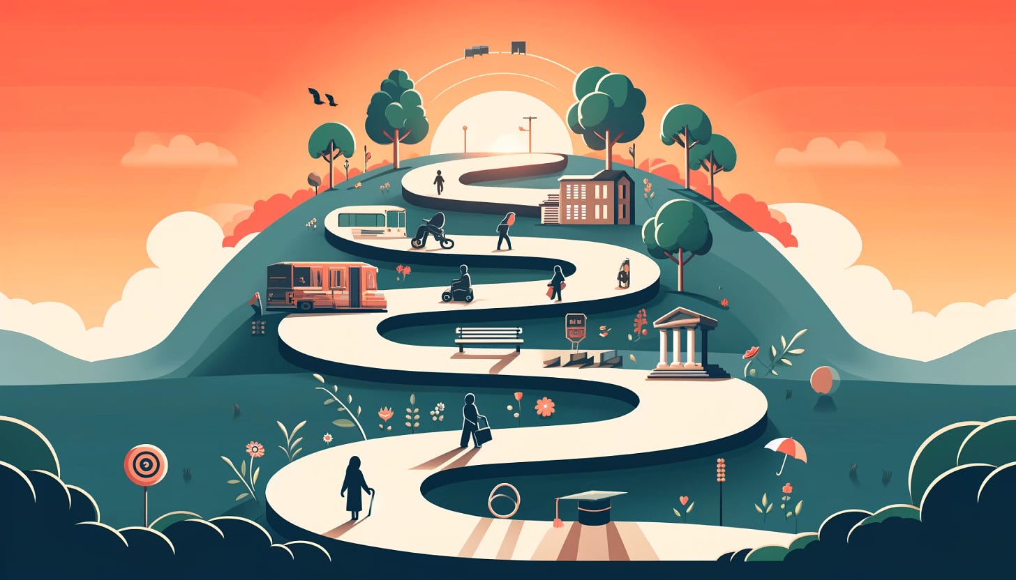 A visually engaging and minimalist vector illustration that captures the essence of the phrase 'story in life'. The image should depict a winding path that leads through various stages of a person's life, from childhood through adulthood to old age, symbolized by distinct environments such as a playground, a school, a workplace, and finally, a peaceful park with a bench facing a sunset. The path should be dotted with significant life events like graduation caps, wedding rings, and a baby stroller, to represent milestones. The style should be clean, with bold colors and simple shapes to ensure clarity and focus.