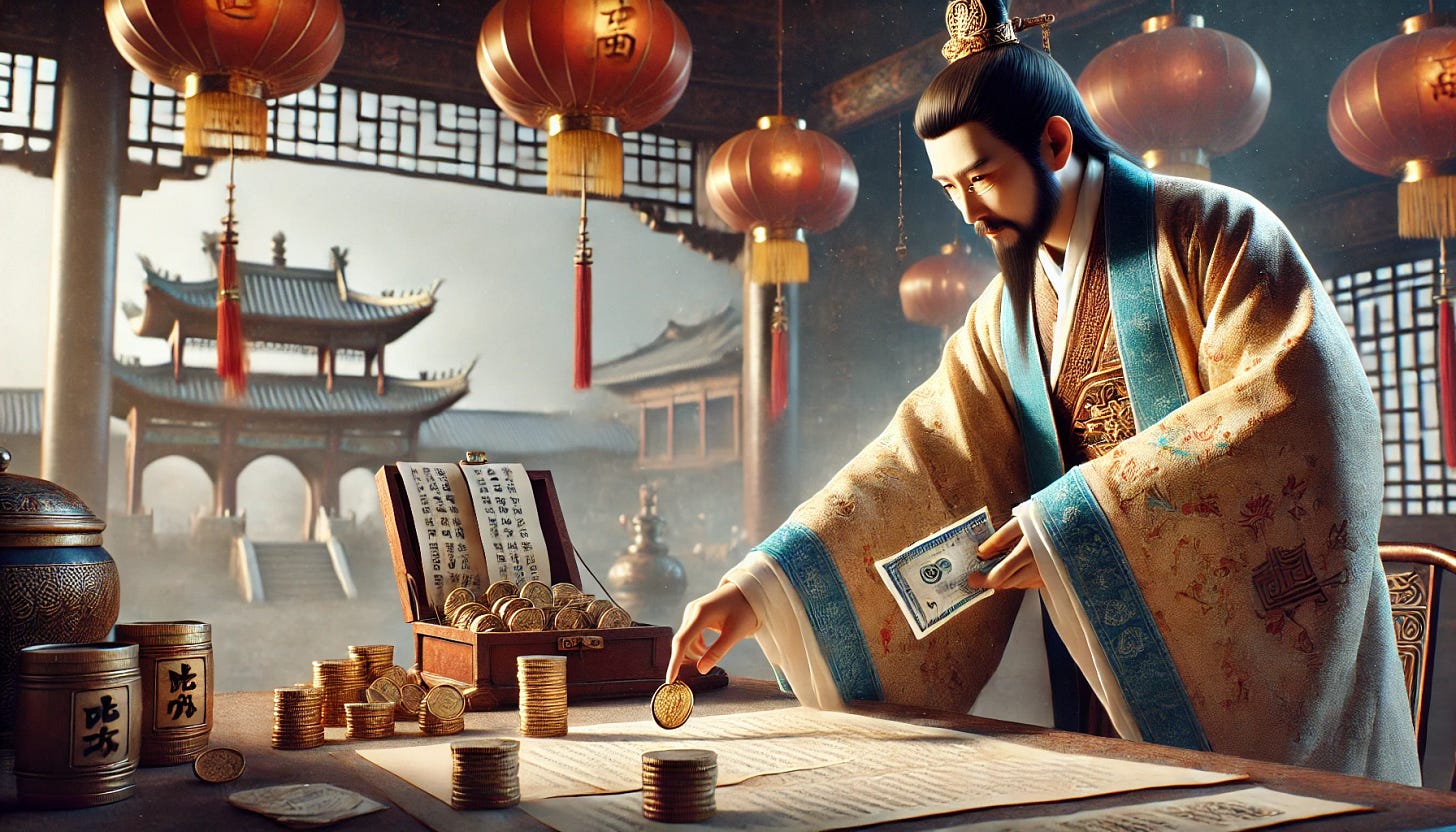 A realistic wide banner image depicting a Chinese emperor putting coins aside and introducing a paper note. The scene should be set in ancient China with traditional Chinese architecture and elements from the Tang Dynasty. The emperor should be dressed in imperial robes, with coins and paper notes clearly visible. The image should convey the significant shift from the use of coins to the introduction of paper money, with lifelike textures, realistic lighting, and authentic details.