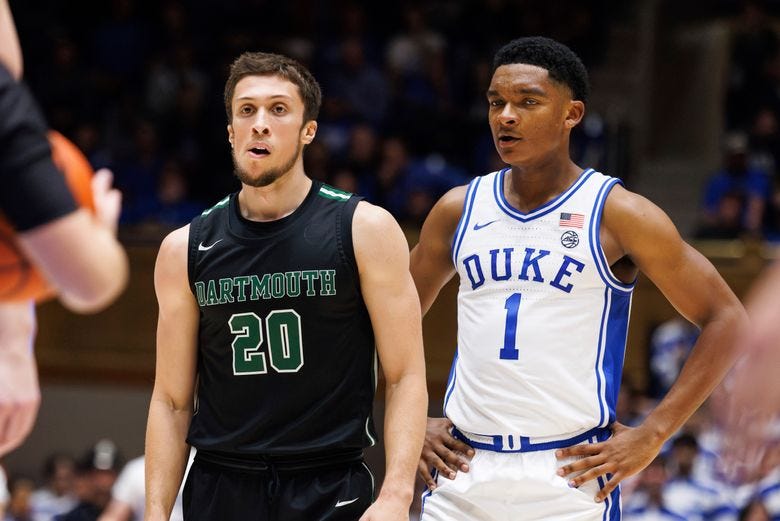 FILE -Dartmouth&#8217;s Romeo Myrthil (20) stands next to Duke&#8217;s Caleb Foster (1) during the second half of an NCAA college basketball game in Durham, N.C., Monday, Nov. 6, 2023. Romeo Myrthil and Cade Haskins, two Dartmouth players working to unionize their basketball team say other athletes — both on campus and from other Ivy League schools — have been reaching out to see if they can join the effort, Saturday, Feb. 10, 2024. (AP Photo/Ben McKeown, File)