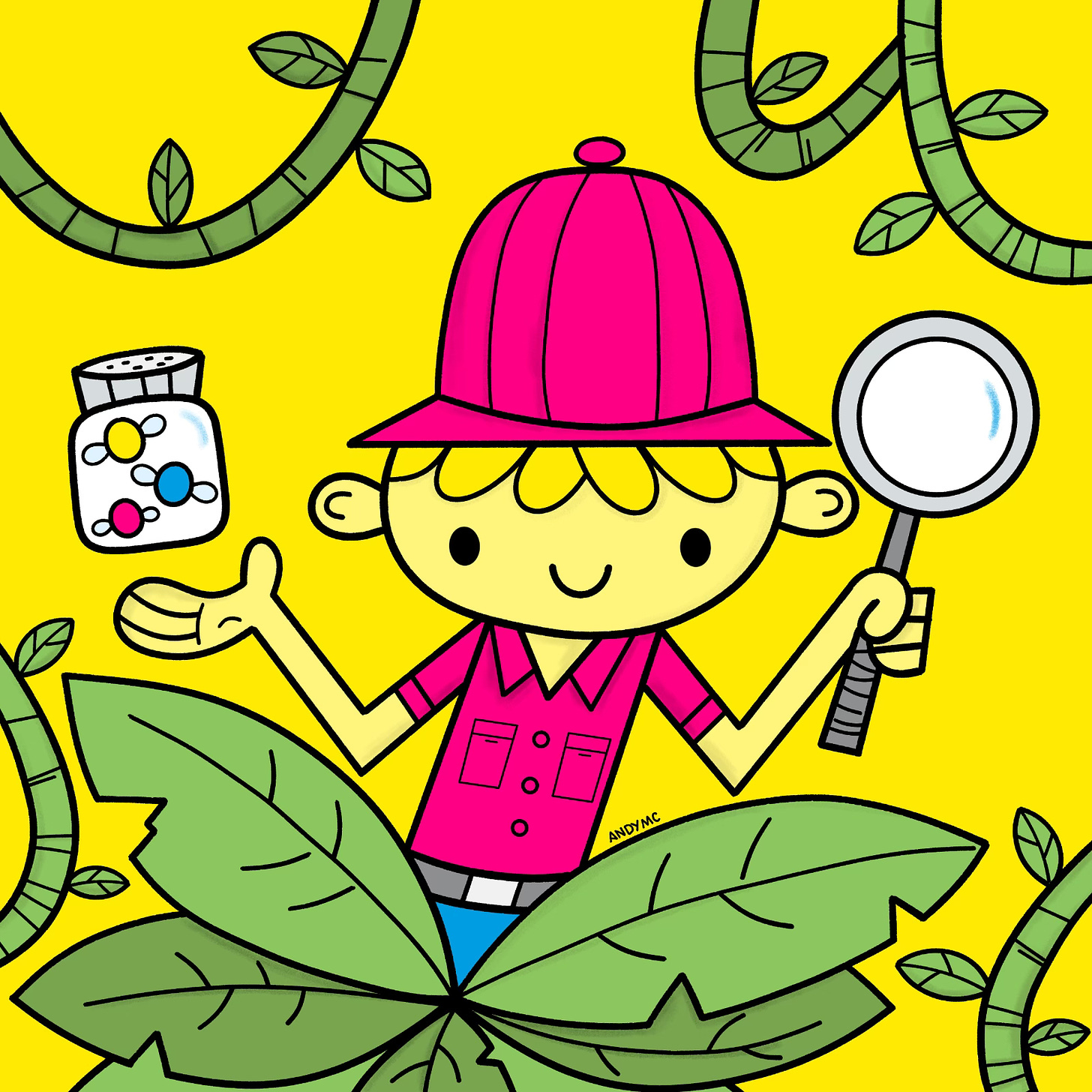 an illustration of a boy exploring the jungle for wild colors