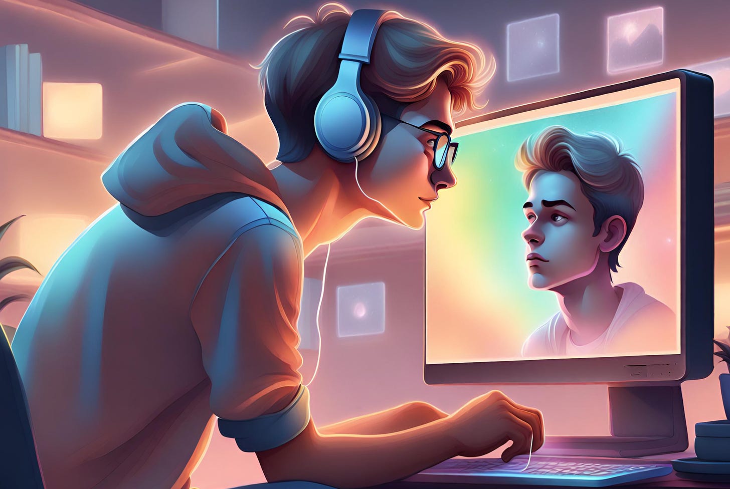 Illustration of a young man playing videos on a computer