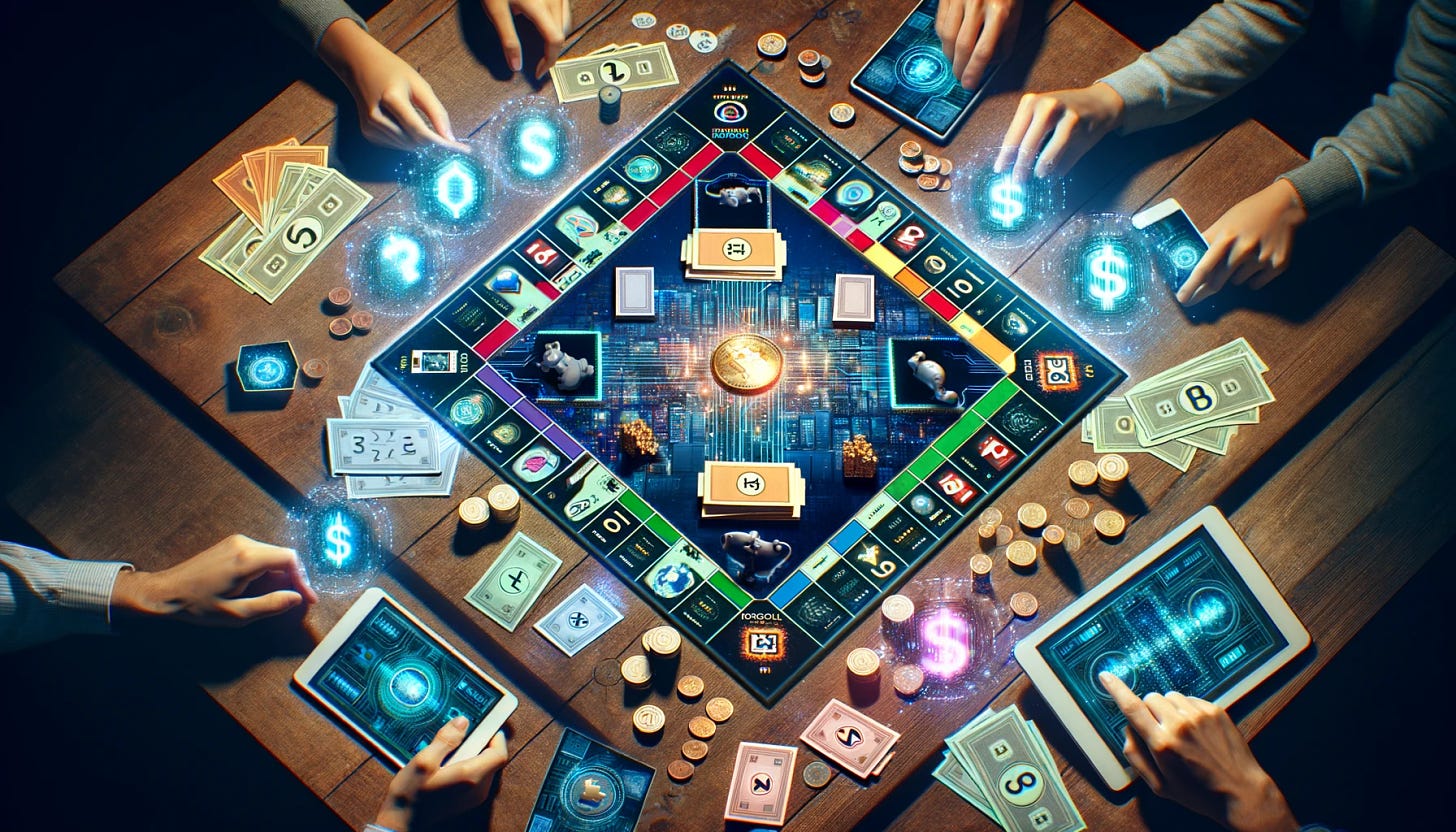 Create a 16:9 image that modernizes the classic board game Monopoly with a digital twist. The board should feature iconic Monopoly elements like properties and chance cards, but instead of paper money, there should be digital tokens and cryptocurrency coins. These digital assets should be represented by glowing, holographic icons hovering above the board. Players around the board are using digital tablets and smartphones to manage their assets. The overall atmosphere should be one of high-tech finance and investment, blending the traditional with the cutting-edge.