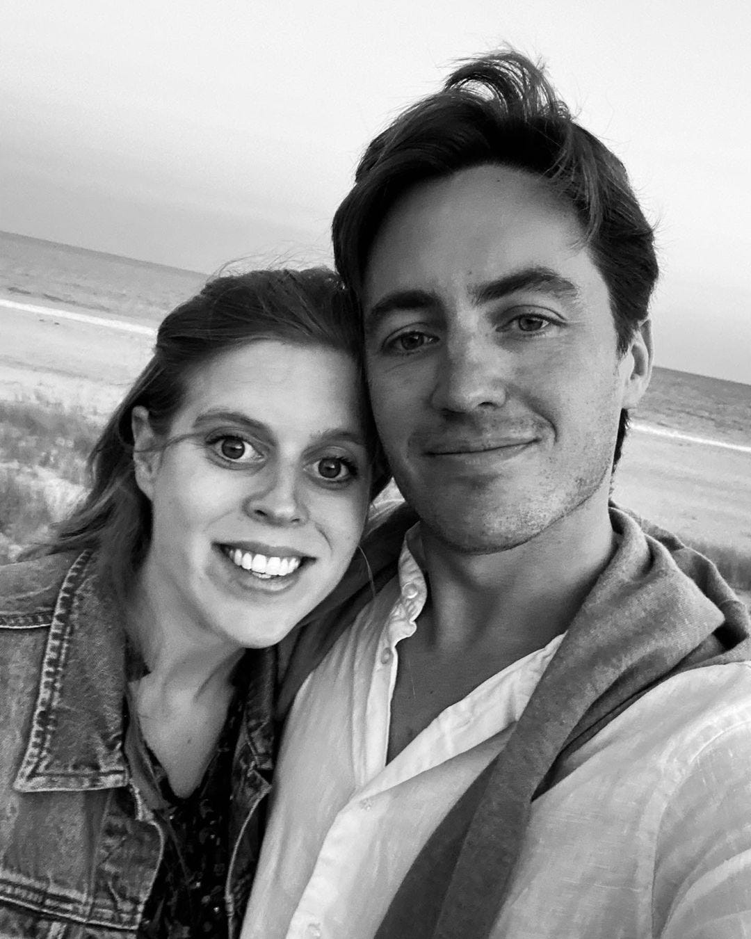 Edoardo and Princess Beatrice by the sea in black and white selfie