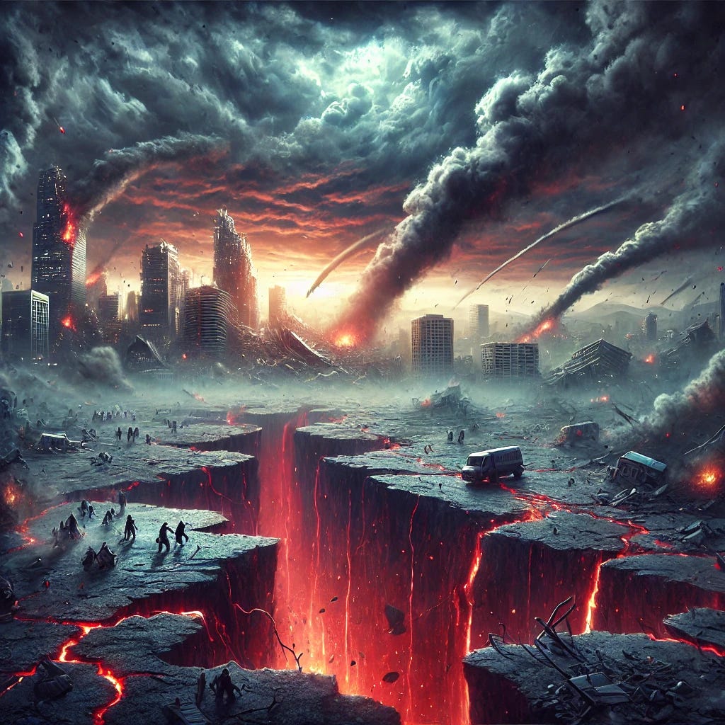 A dramatic scene depicting an impending 'mega' earthquake. The ground is cracking open, with massive fissures forming as buildings shake and crumble in the background. Dark, ominous clouds swirl overhead, and a sense of urgency fills the air. People are seen evacuating in panic, with dust and debris swirling around them. The horizon shows a deep, glowing red sky, indicating the intensity of the earthquake. The overall tone is tense and chaotic, with a sense of disaster looming.