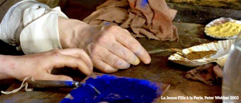 Préparation des couleurs dans l'atelier du peintre néerlandais Johannes Vermeer, scène du film La Jeune Fille à la Perle