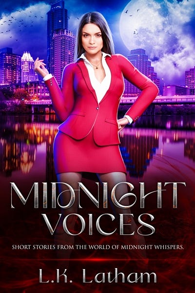 Cover of the book "Midnight Voices" by L.K. Latham, featuring a woman in a red suit