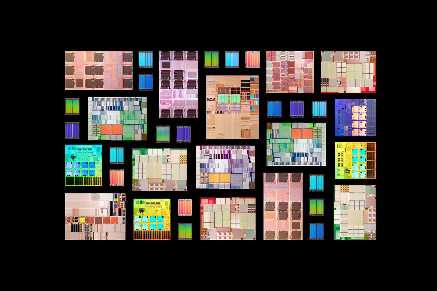 A Collection of Multi Colored Semiconductor Chips Neatly Arranged on Black Background